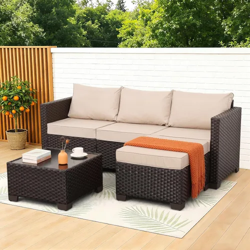 Vista 9 de Juego de muebles de patio de 3 piezas, juego de sofá modular para exteriores, muebles de mimbre para patio, sofá al aire libre, mesa auxiliar Azul