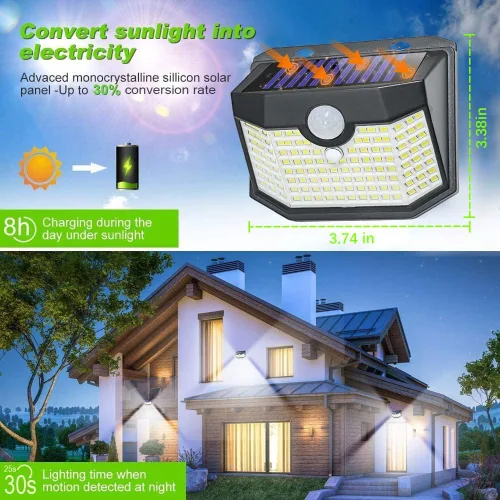Vista 2 de HMCITY 120 luces solares LED para exteriores con sensor de movimiento, 1 paquete, color negro 3 modos de iluminación, impermeable IP65, control