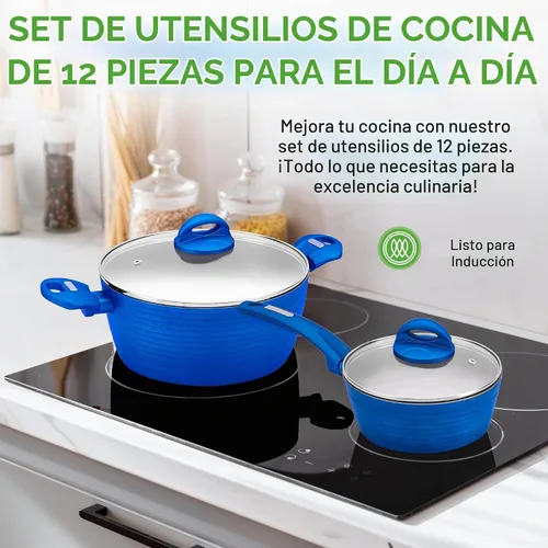 Vista 2 de NutriChef Juego de utensilios de cocina antiadherentes de 12 piezas, sin PFOA/PFOS, resistente al calor, juego de ollas y sartenes de cocina Azul