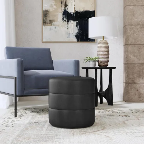Vista 2 de HomePop Otomana redonda tapizada de piel sintética (sin tapa, solo asiento) HomePop Decoración para el hogar Pouf redondo para reposapiés – Piel