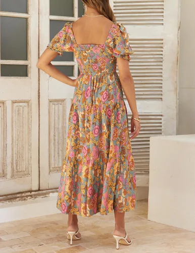 Vista 4 de ZESICA - Vestido de verano largo para mujer, diseño acampanado con cuello cuadrado y volantes, estampado floral y bohemio, para la playa