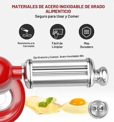 Vista 5 de Rodillo de pasta para batidora de pie KitchenAid, accesorio de rodillo de pasta de acero inoxidable con perilla de grosor ajustable de 8 posiciones