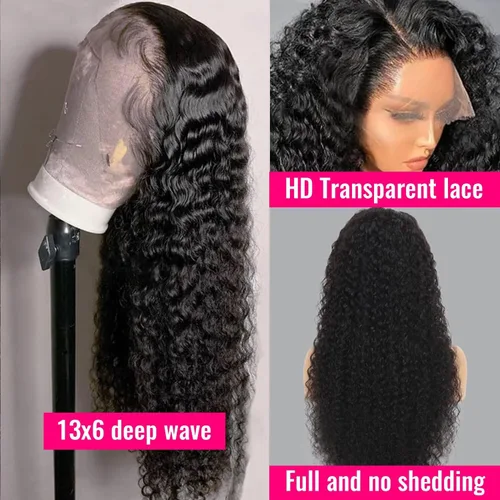 Vista 7 de Pelucas de cabello humano ondulado profundo con encaje frontal transparente HD de 13 x 6 pulgadas, pelucas de cabello humano de densidad 200