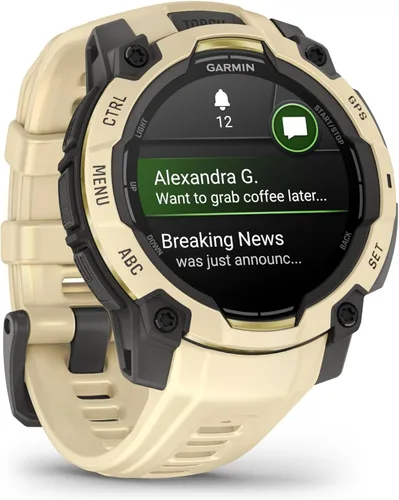 Vista 3 de Garmin Instinct® 0.118 – 1.772 in, pantalla AMOLED, resistente reloj inteligente GPS para exteriores, linterna incorporada, colección Alpine Rush