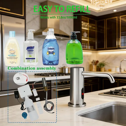 Vista 4 de Dispensador automático de jabón sin contacto para cocina y baño, dispensador de jabón líquido eléctrico de níquel cepillado integrado con gran