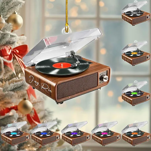 Vista 13 de Adorno de Navidad personalizado, máquina de discos de vinilo, adorno plano 2D, adorno para tocadiscos, instrumento musical, decoración de árbol