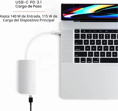 Vista 4 de Satechi Adaptador multipuerto USB C Hub 8 en 1 V2, 4K HDMI, carga USB C PD de 115 W, 3 USB-A, Ethernet, lectores de tarjetas Micro/SD, para laptop