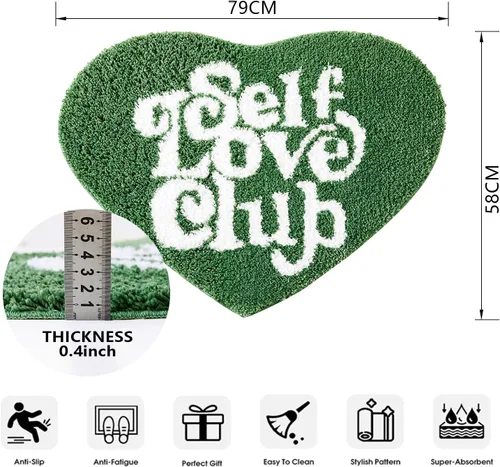 Vista 2 de Alfombra de baño verde bonita y divertida para dormitorio, baño, SELF Love Club de felpa moderna y genial decoración de San Valentín, regalo