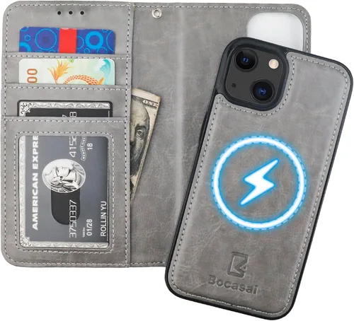 Vista 19 de Bocasal Funda tipo cartera desmontable para iPhone 13 con bloqueo RFID, ranuras para tarjetas, soporte de piel sintética de alta calidad, soporte