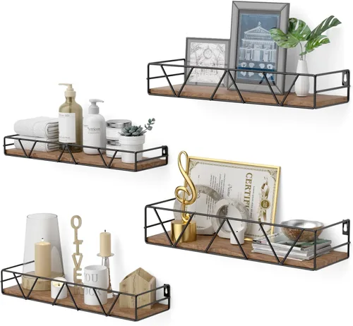 Vista 6 de Amaoot Juego de 3 estantes flotantes, estante de pared de madera para el hogar, estante de granja para dormitorio, estante flotante montado