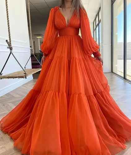 Vista 2 de Vestidos largos de tul con mangas abullonadas para mujer, plisados, con cuello en V, vestidos formales de noche