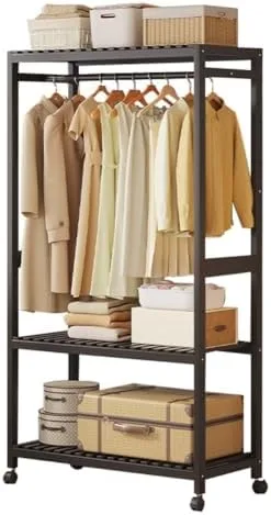 Vista 10 de Portable Bamboo Clothes Rack with Shelves - Free Standing Wooden Wardrobe, Rolling Garment Rack for Bedroom, Adjustable Multi-Storage Organizer with