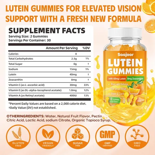 Vista 2 de Gomitas de luteína y zeaxantina, suplemento vitamínico para ojos con 40 mg de luteína y 8 mg de zeaxantina para apoyar la salud macular, la visión