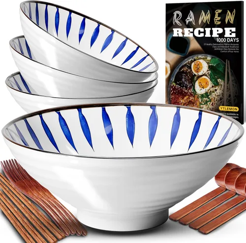 Vista 7 de Juego de 2 cuencos de cerámica para ramen de 8 pulgadas (9 piezas) – Tazones grandes de porcelana japonesa para ensalada, fideos, cereales, frutas