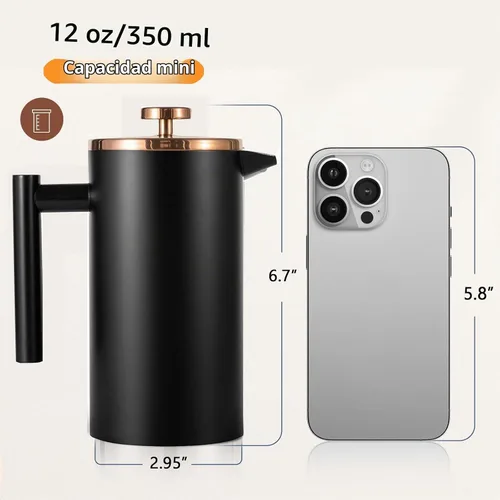 Vista 2 de Prensa Francesa Pequeña 350ml Negra, Prensa Francesa de Acero Inoxidable con Pared Doble Aislada para Viaje y Camping, Cafetera de Café Colado