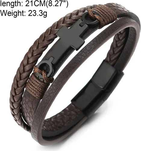 Vista 4 de Pulsera de cuero COOLSTEELANDBEYOND para hombre y mujer, cruz lateral plana, múltiples hebras, estilo brazalete