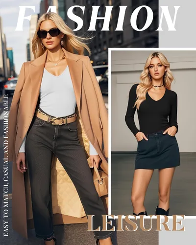 Vista 4 de Paquete de 4 camisas térmicas de manga larga para mujer, con forro polar, cuello en V, ropa interior ajustada, capa base, básica, tops cálidos