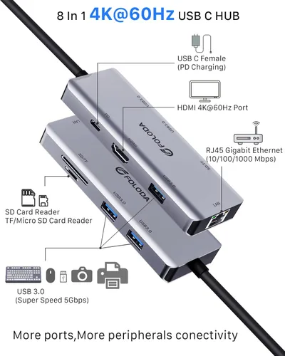 Vista 4 de USB C HUB HDMI 4K @60Hz, estación de acoplamiento 8 en 1, adaptador USB C multipuertos con Gigabit Ethernet, PD 100W, 3* USB 3.0, TF/SD, USB C Dock