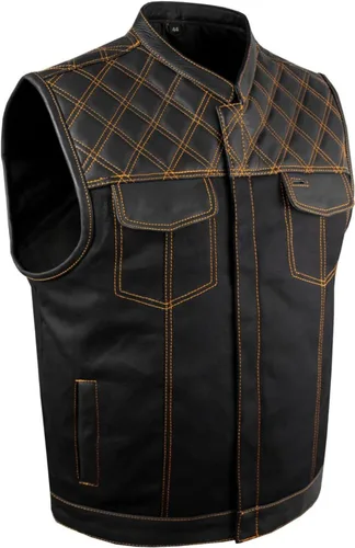 Vista 9 de GARGOYLE BELLS Chaleco de moto de mezclilla y cuero para hombre con bolsillos para pistola SOA Biker Club Chaleco con acolchado de diamante
