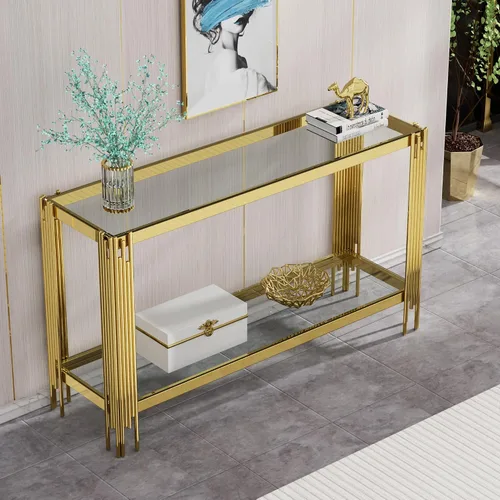 Vista 25 de Mesa auxiliar rectangular de vidrio de 48 pulgadas, mesa de centro de 2 niveles con parte superior de vidrio templado negro, patas de acero