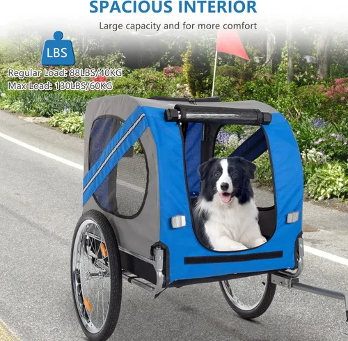 Vista 7 de PEXMOR Remolque de bicicleta para perros, carrito plegable para mascotas con enganche universal, transporte de carga para perro y ruedas de Azul