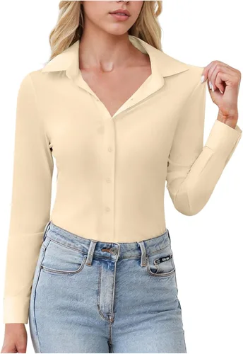Vista 11 de Womens Stretch Button Down Shirts Slim Fit Long Sleeve Dress Shirt Wrinkle Free Collared Business Work Casual Blouse