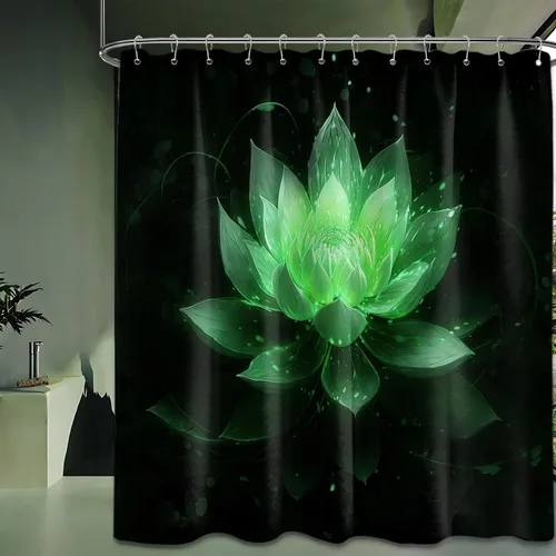 Vista 27 de Cortina de ducha con flores de loto negro y azul para decoración de baño, juego de cortinas decorativas de baño con estampado floral, tela