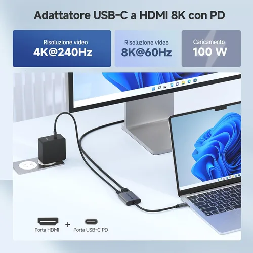 Vista 2 de Cable Matters - Adaptador USB C a HDMI 2.1 de 48 Gbps con carga de 100 W 4K @240Hz / 8K @60Hz HDR, Max 4K @60Hz en macOS, compatible