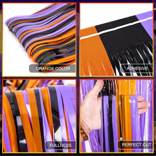 Vista 4 de LOLStar Paquete de 3 accesorios para cabina de fotos naranja, morado y negro, cortinas de flecos de aluminio de 3.3 x 6.6 pies, telón de fondo