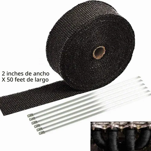 Vista 2 de SunplusTrade Envoltura térmica negra para colector de escape de 2" x 50' para motocicletas y automóviles, protector térmico con abrazadera de acero