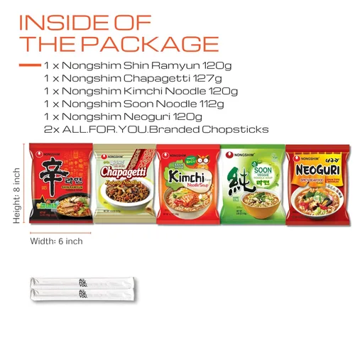 Vista 3 de Ramen Fideos 5 sabores surtidos Combo – Shin Ramyun, Chapagetti, fideos Kimchi, fideos pronto (veganos), Neoguri – Paquete total de 5