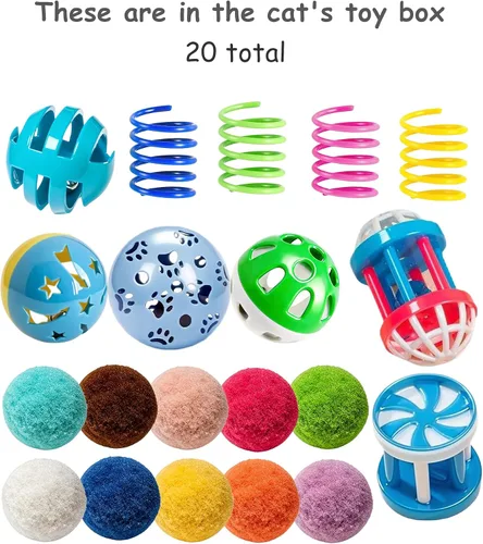 Vista 3 de Paquete de 20 pelotas de juguete para gatos para interiores, con bolas de campana de polipropileno, bolas de felpa y juguetes de primavera