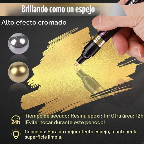 Vista 4 de LET'S RESIN 6 marcadores cromados de espejo, 3 tamaños de bolígrafo de pintura cromado brillante con barril grande, marcadores plateados y dorados