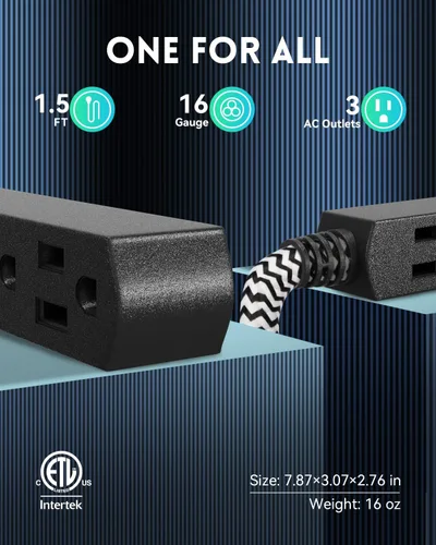 Vista 2 de Cable de extensión de enchufe plano de 1.5 pies Cable de extensión trenzado negro de 3 salidas, cable de conexión a tierra de calibre 16, 3