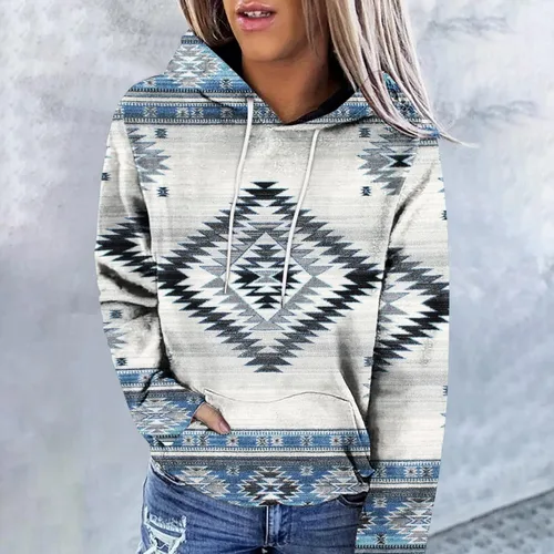 Vista 2 de Ceboyel Women Western Aztec Hoodies Drawstring Sweatshirt Pullover Ethnic Vintage Graphic Shirts Tops Causal Fall Clothes