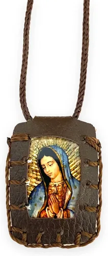Vista 2 de Sagrado Corazón de Jesús con Nuestra Señora de Guadalupe Collar Escapulario Marrón Escapulario Café Collar Sagrado Corazon de Jesús Virgen