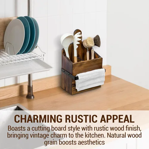 Vista 2 de MyGift Soporte rústico para utensilios de madera maciza montado en la pared con barra de toalla – Estante organizador de cocina estilo tabla