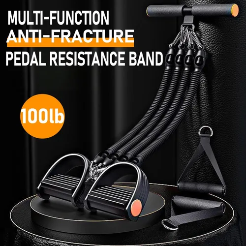 Vista 3 de Banda de resistencia mejorada para pedal de pie, 100 libras, ajustable, 4 tubos, banda de resistencia para tirador de tobillo con asa,