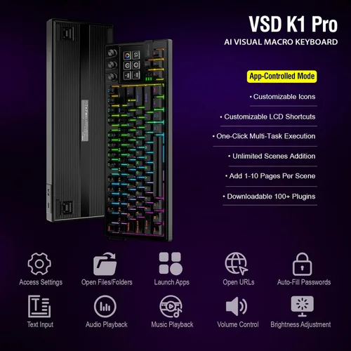 Vista 5 de Teclado mecánico con teclas programables completas, panel de macros controlador de transmisión con pantalla y perilla, junta de transmisión