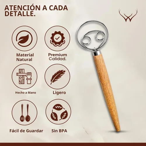 Vista 3 de Gancho de batidor de masa danesa de 13 pulgadas con mango largo de madera - Batidor de masa esencial, batidor de pan y batidor de masa danesa