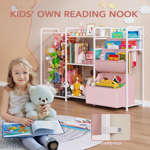 Vista 4 de BBLIKE Organizador de almacenamiento de animales de peluche 3 en 1, almacenamiento de juguetes con estantería para niños y soporte grande