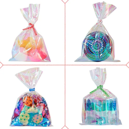 Vista 4 de HRX Package 100 piezas de pequeñas bolsas de celofán iridiscentes con lazos, 4x6 pulgadas bolsas de plástico holográficas para dulces, pop cakes