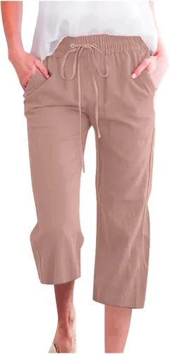 Vista 31 de Ceboyel Pantalones capri para mujer para verano, cintura elástica, pantalones de yoga, con cordón, pantalones de lino, pantalones de entrenamiento