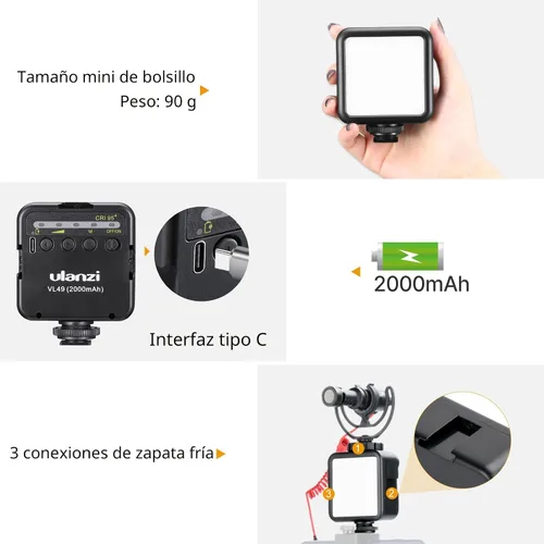 Vista 2 de ULANZI VL49 luz de vídeo LED de 2000mAh con 3 zapata fría, luz suave recargable, iluminación portátil para fotografía para DJI OSMO Sony DSLR Canon