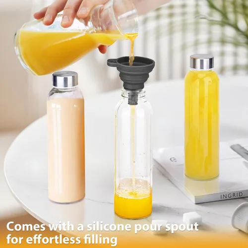 Vista 5 de PROBTTL Botellas de vidrio para jugo de 18 onzas con tapas, botellas de agua de vidrio transparente recargables con tapas herméticas de acero