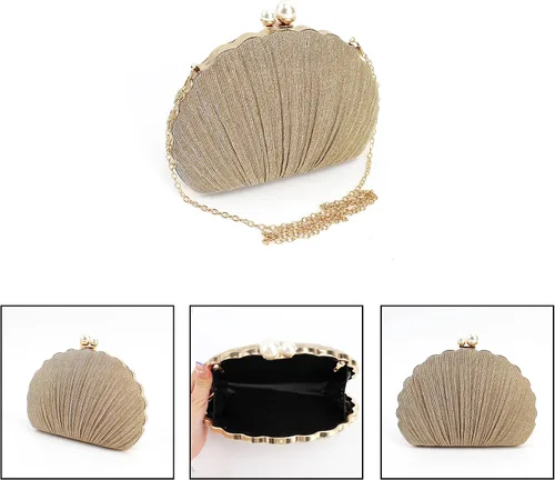 Vista 3 de Women Mini Pleated Seashell Evening Clutch Handbag Chain Strap Cross-body Bag