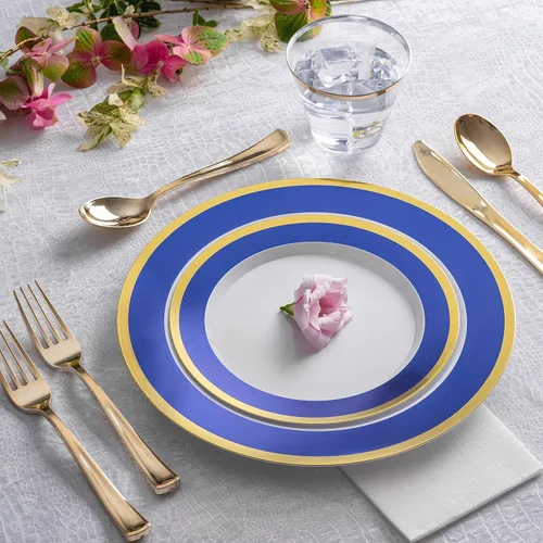 Vista 3 de Stock Your Home 50 platos desechables, vajilla de plástico resistente para bodas, fiestas de cumpleaños, vacaciones, baby shower, incluye 25 platos