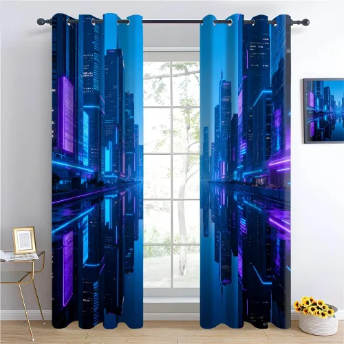 Vista 13 de Cyber Ring Curtains, Thermal Insulated Darkening Drapes For Sci-Fi Home Decor, Futuristic Neon Circle Digital Grid Scene Grommet Window Treatments