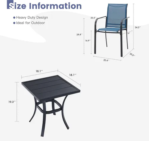 Vista 6 de VICLLAX Juego de 2 sillas de patio pequeñas para exteriores, juego de sillas apilables para patio y mesa de comedor cuadrada para porche delantero