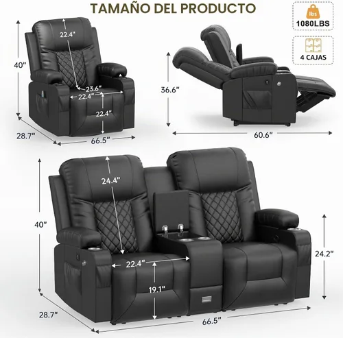 Vista 2 de YONISEE Juego de muebles de sala de estar, sofá biplaza reclinable de 2 plazas y silla reclinable giratoria de 360° con masaje, sofá reclinable